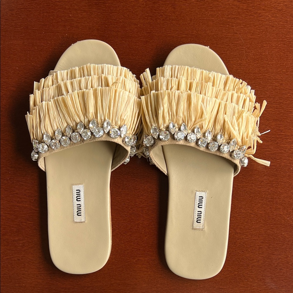 Miu Miu Cream Fringe Sandals with Crystal Accents